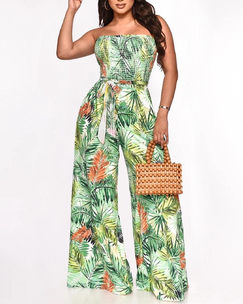 

Tropical Print Shirred Bandeau Jumpsuit, Green