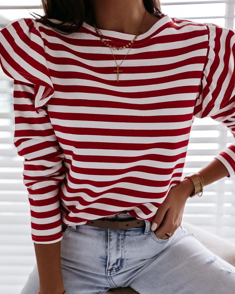 

Striped Long Sleeve Casual Top, Red