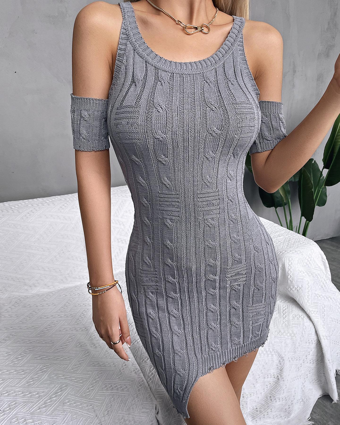 

Solid Cable Knit Distressed Trim Asymmetrical Bodycon Dress, Gray