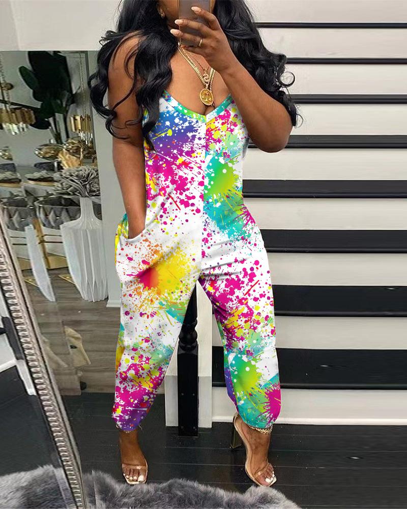 

Ink Splashed Pocket Design Sleeveless Jumpsuit, Multicolor