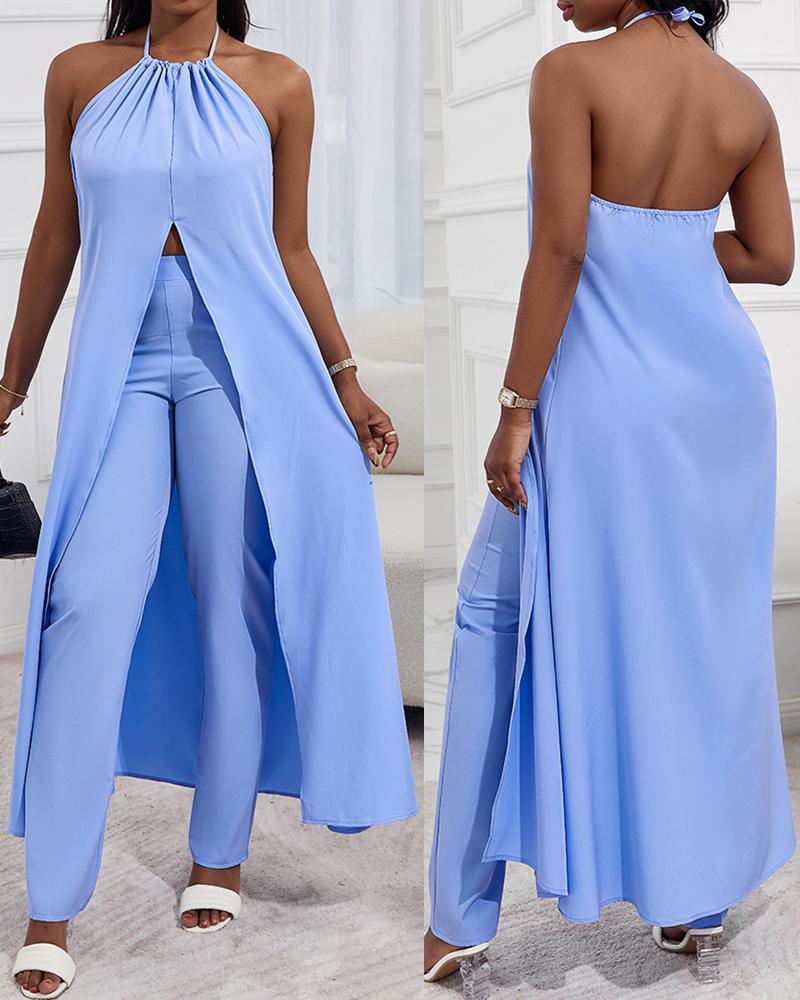 

High Slit Longline Top & Pants Set, Blue