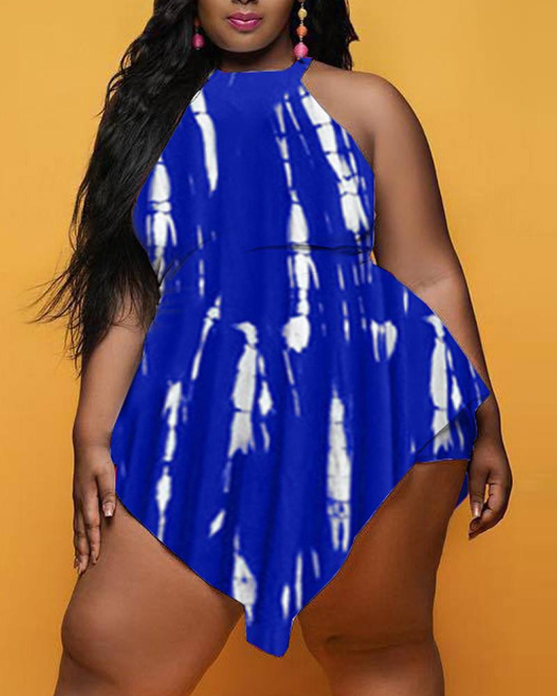 

Plus Size Tie Dye Print Asymmetrical Hem Overlay Romper, Blue