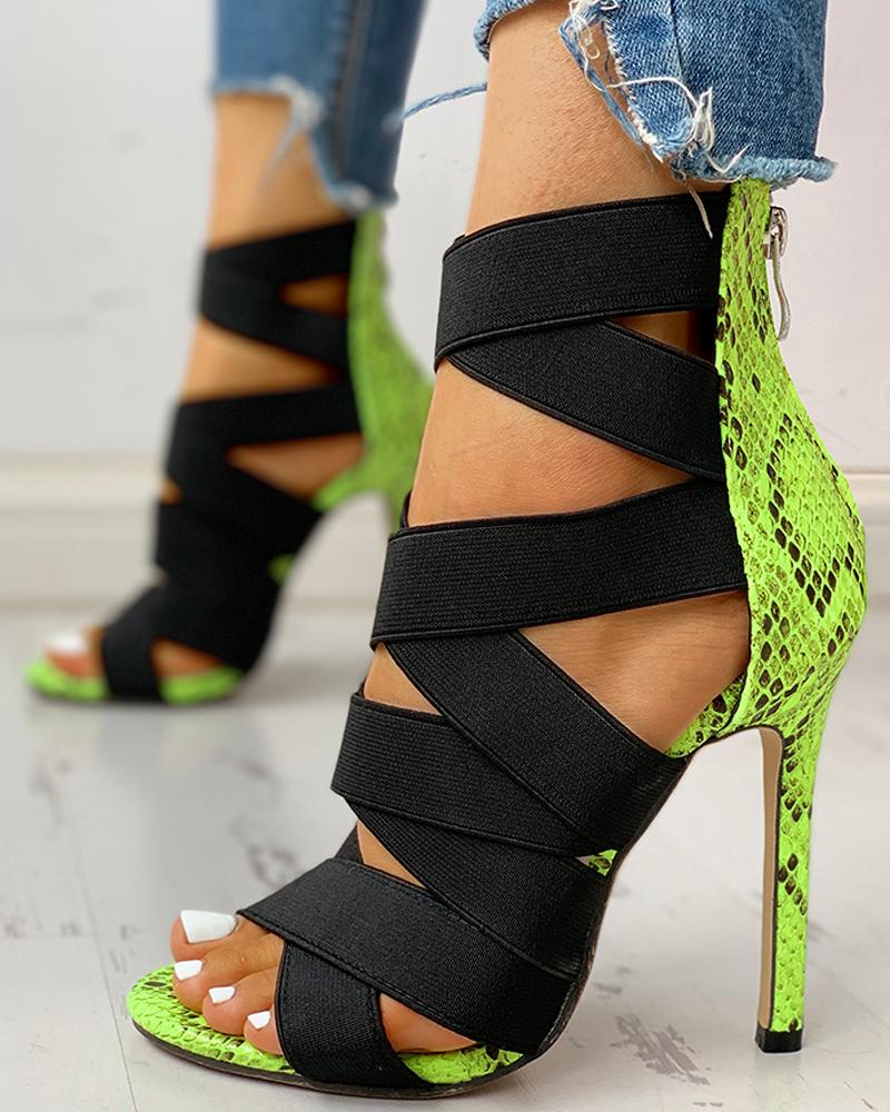 

Snakeskin Crisscross Bandage Thin Heeled Sandals, Light green