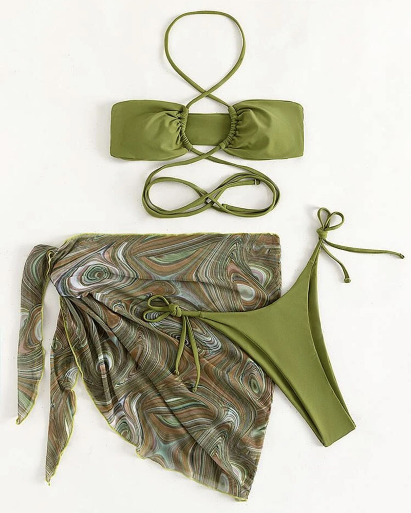 

3PCS Halter Bikini Set With Marble Print Sheer Mesh Cover Up, Green