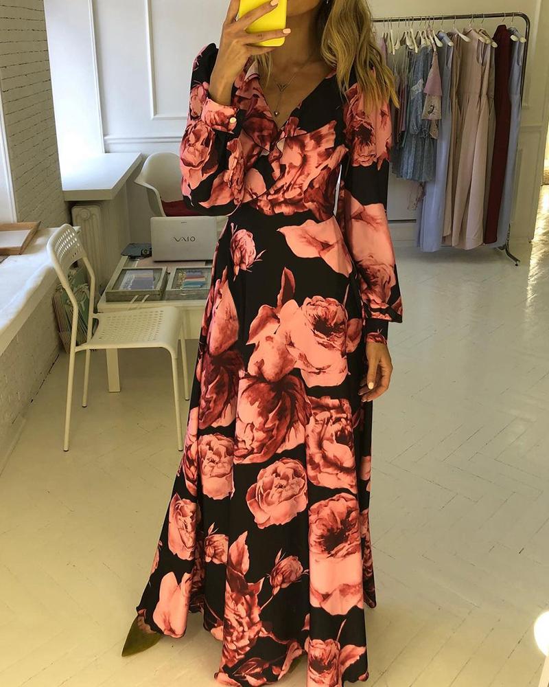 

Floral Print Ruffle Hem Long Sleeve Dress, Black