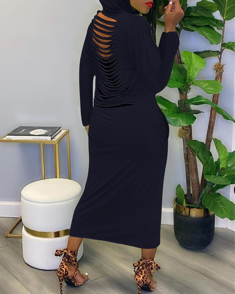 

Ladder Cutout Long Sleeve Hooded Maxi Dress, Blue