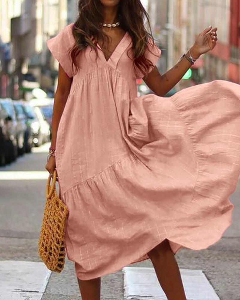 

Ruched Ruffles Short Sleeve Casual Irregular Women Dress, Pink