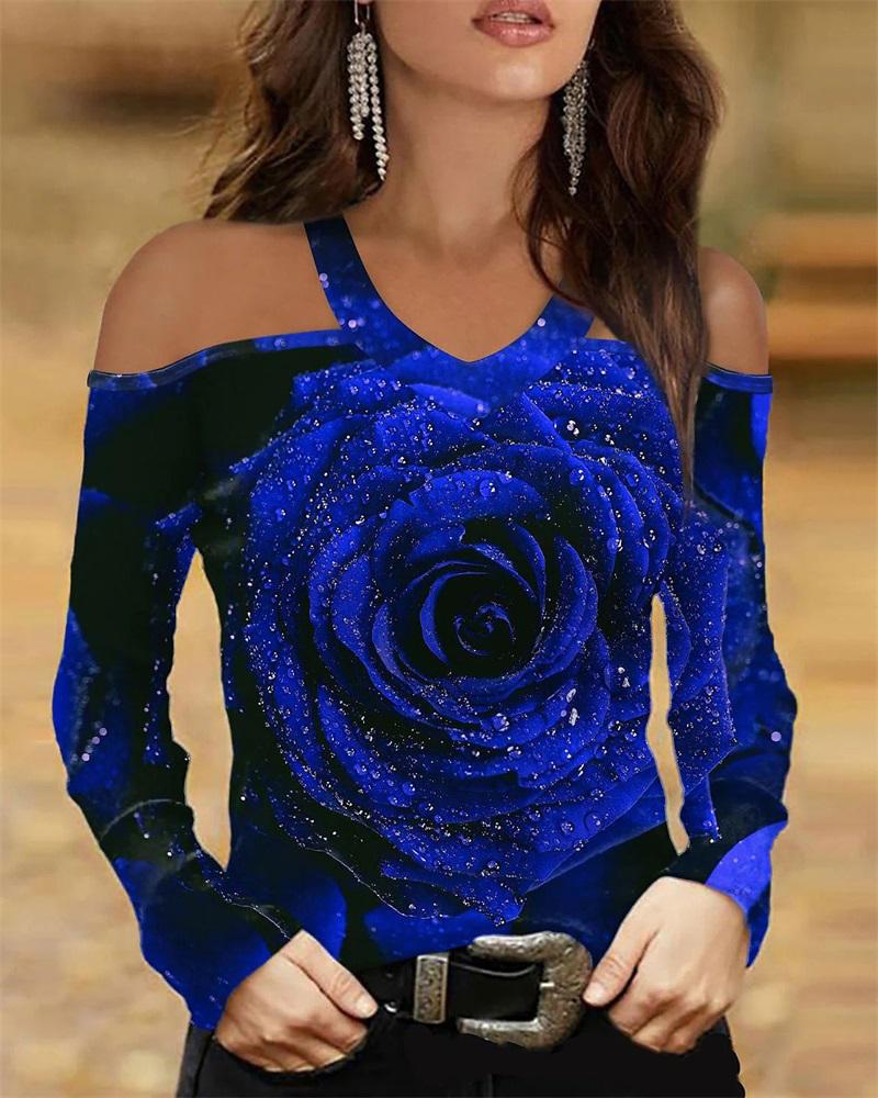 

Floral Print Cold Shoulder Top, Blue