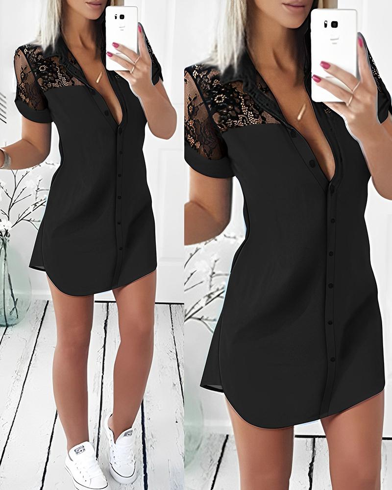 

Crochet Lace Patch Buttoned Shirt Dress, Black