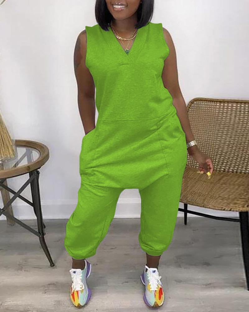 

Sleeveless Pocket Design V-Neck Jumpsuit, Light green