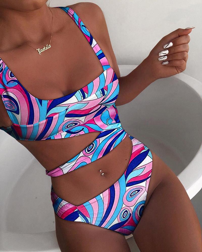

Abstract Print Cutout One-Piece Swimsuit, Pink