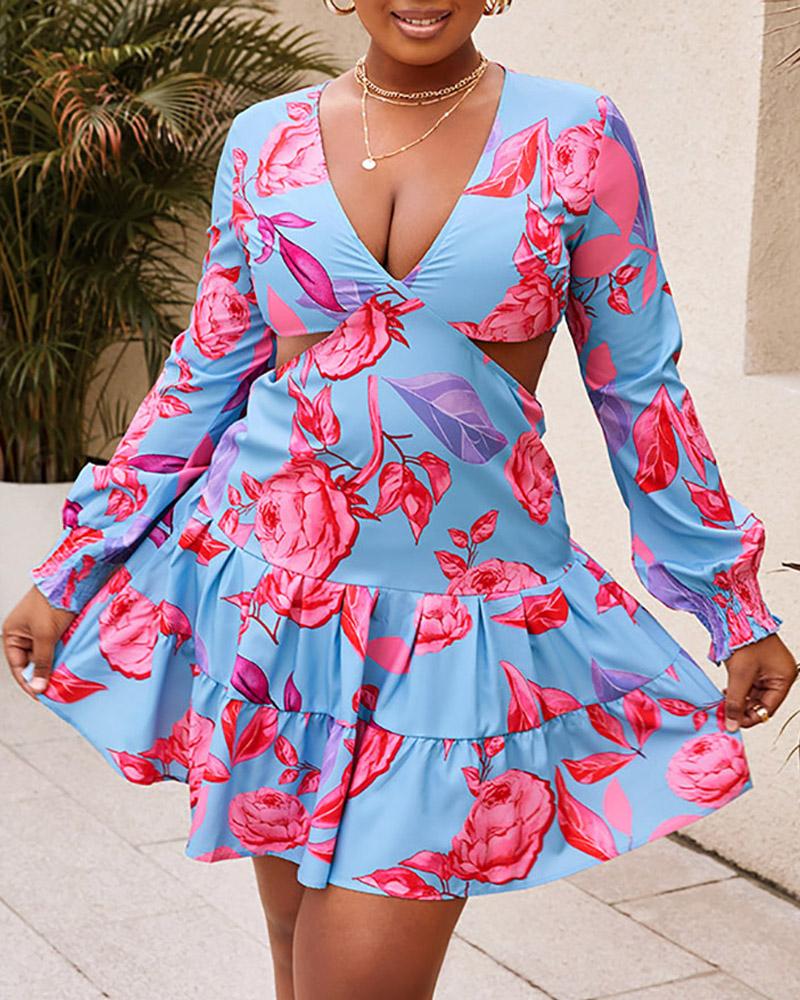 

Shirred Frill Hem Cutout Waist Floral Print Dress, Light blue