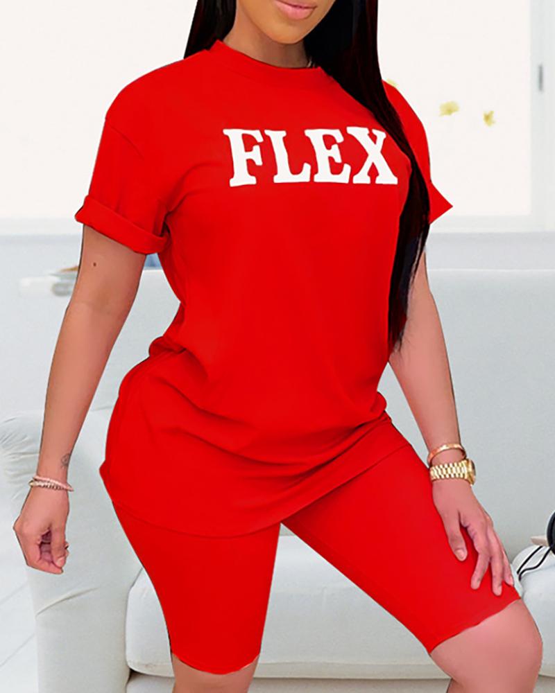

Letter Print Short Sleeve Casual Top & Short Set, Red