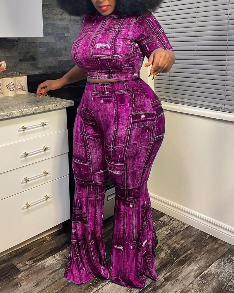 

Plus Size Denim Look Print Crop Top & Flared Leg Pants Set, Purple