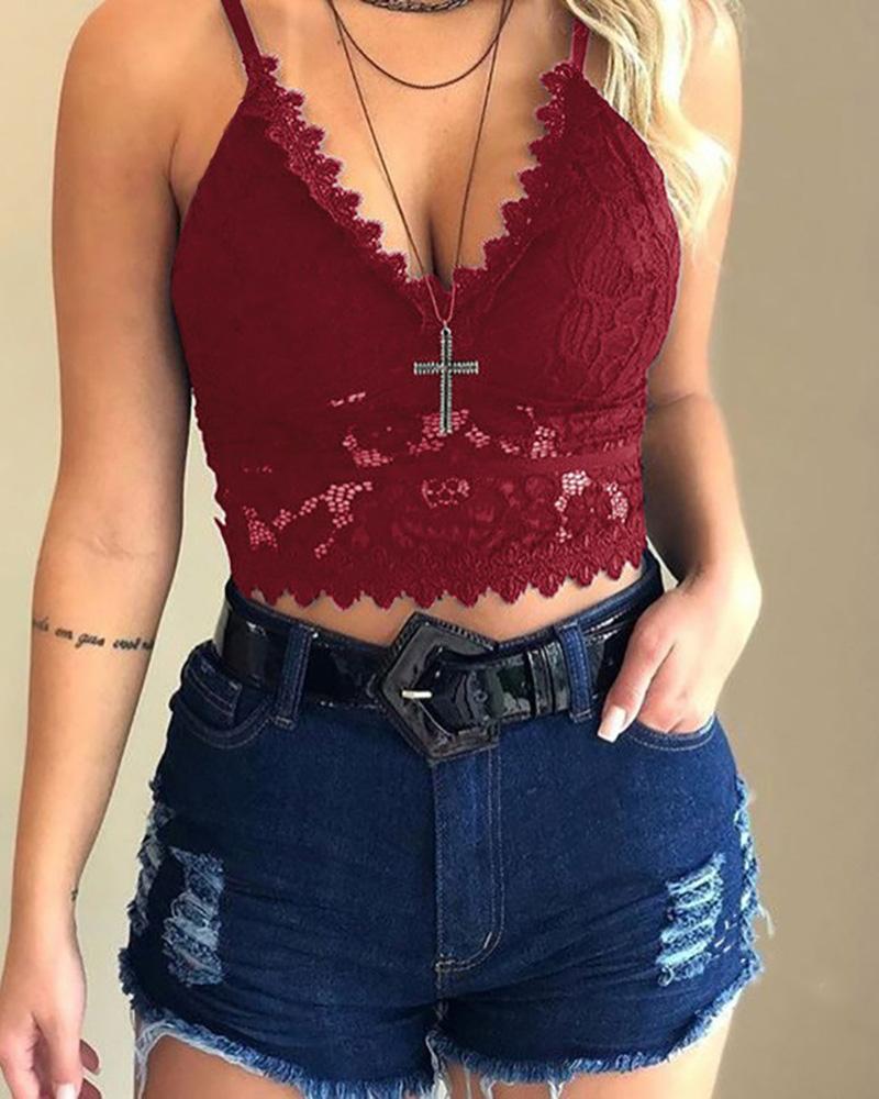 

Lace Hollow Out Spaghetti Strap Top, Wine red