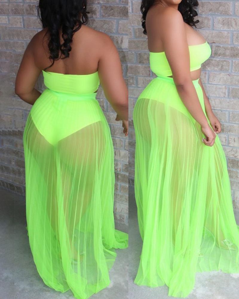 

Bandeau Top & Sheer Mesh Ruched Skirt Set, Green