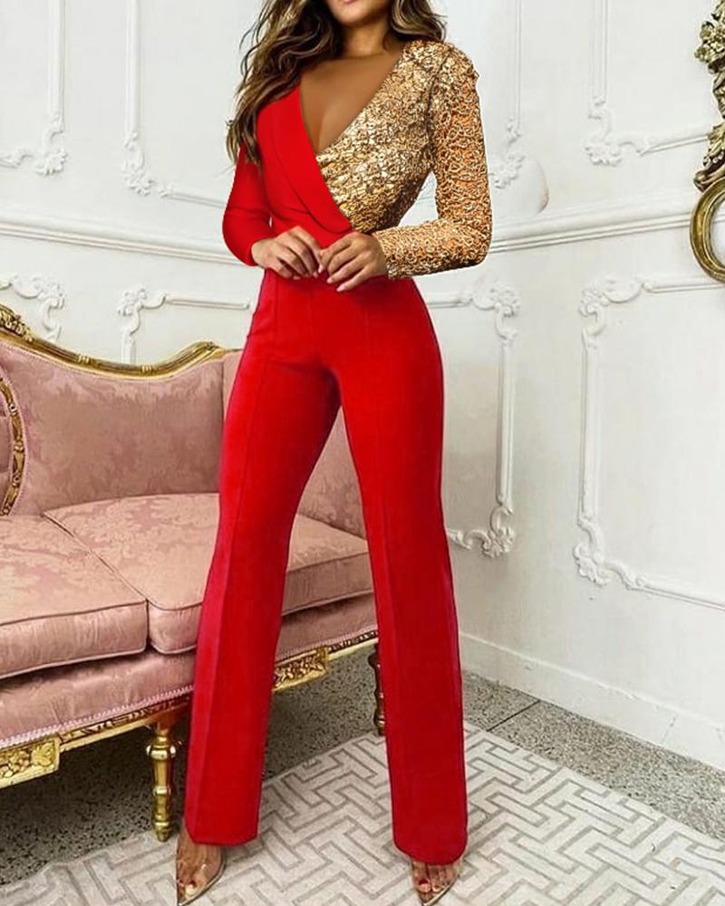 

Colorblock Long Sleeve Blazer Jumpsuit, Red
