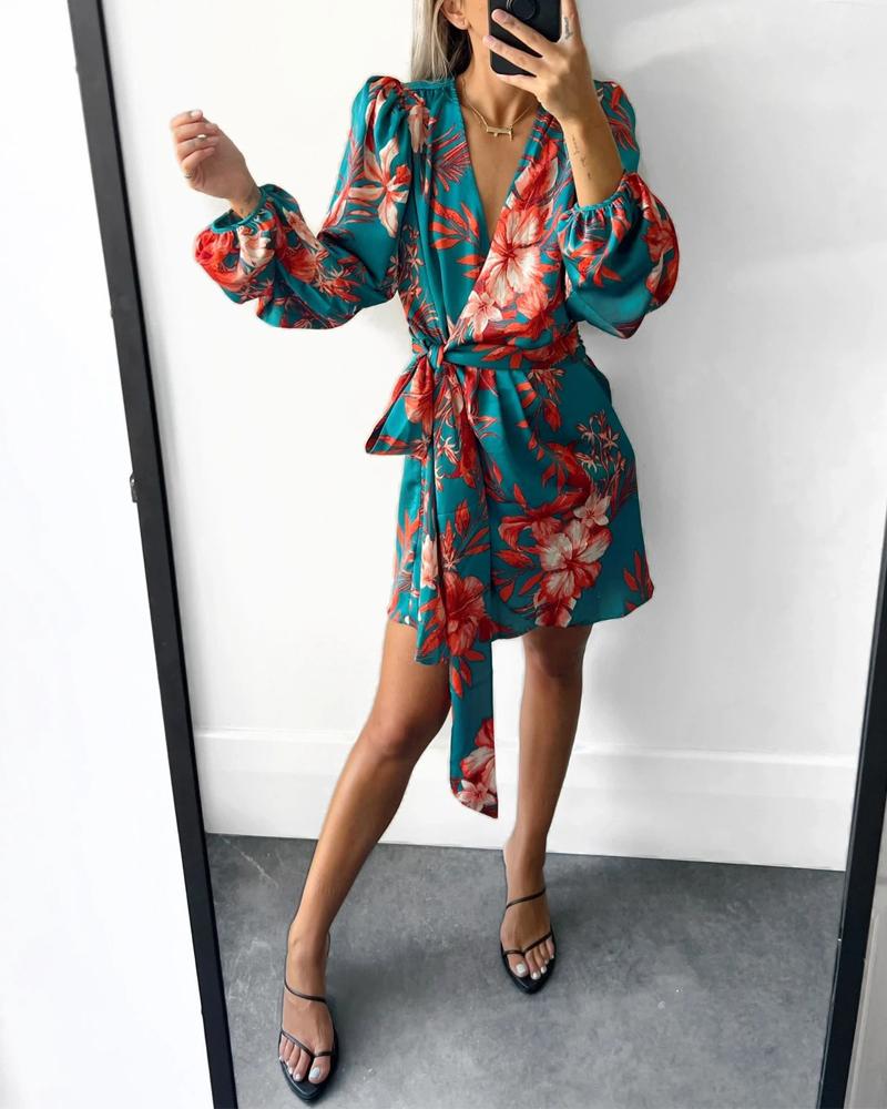 

Plants Print Puff Lantern Sleeve Tied Detail Wrap Dress, Green