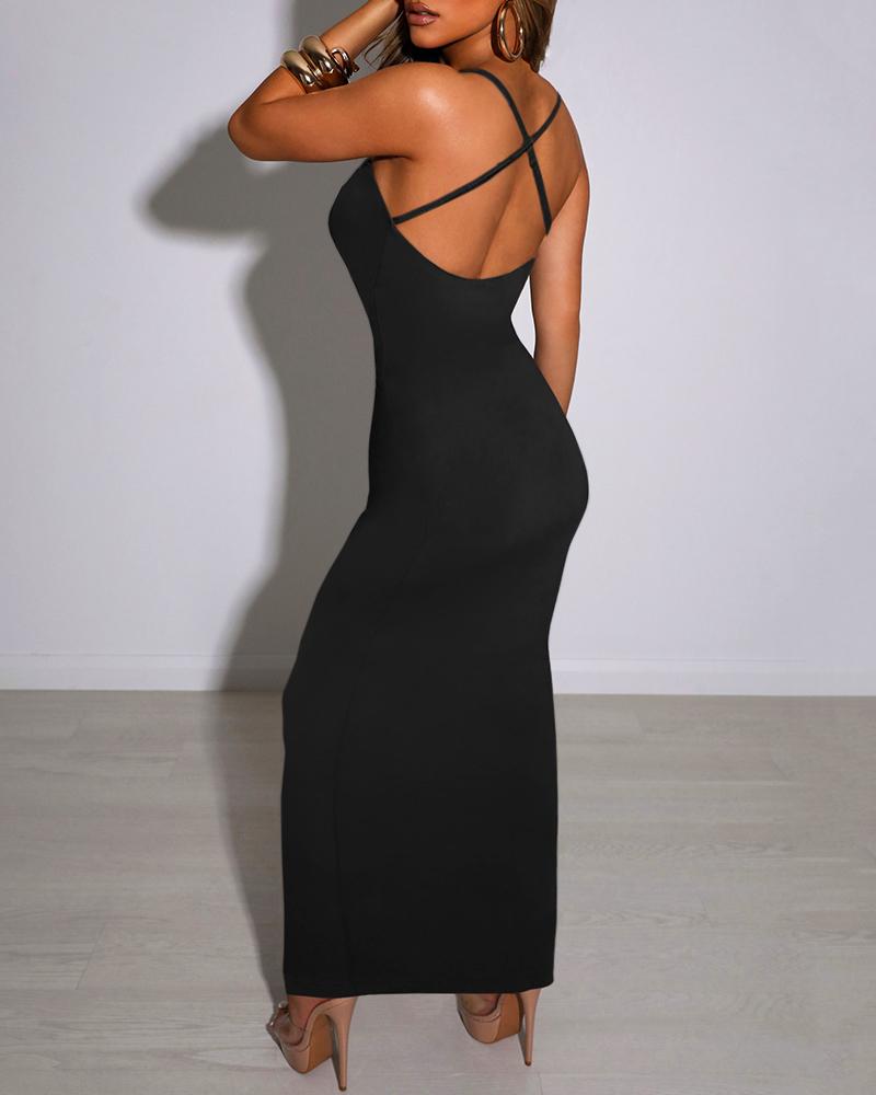 

Spaghetti Strap Crisscross Backless Bodycon Dress, Black