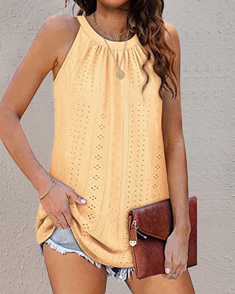 

Eyelet Embroidery Ruched Casual Tank Top, Yellow