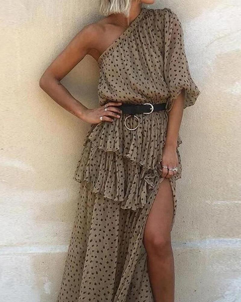 

Polka Dot Print One Shoulder Chiffon High Slit Maxi Dress, Khaki