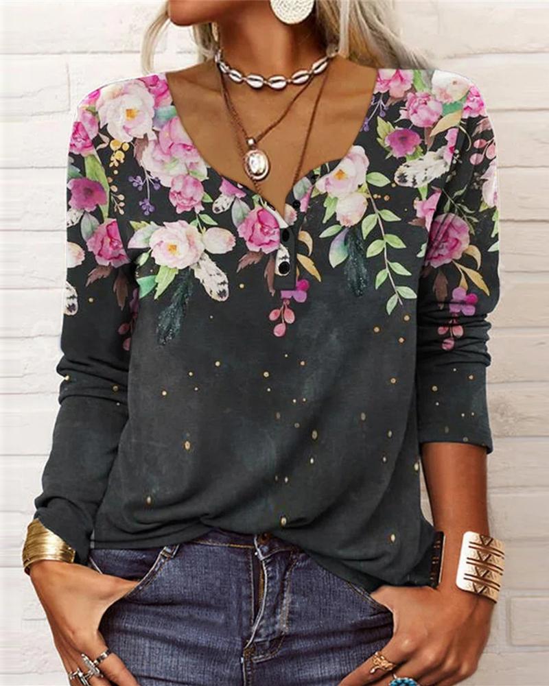 

Floral Print Long Sleeve Top, Dark grey