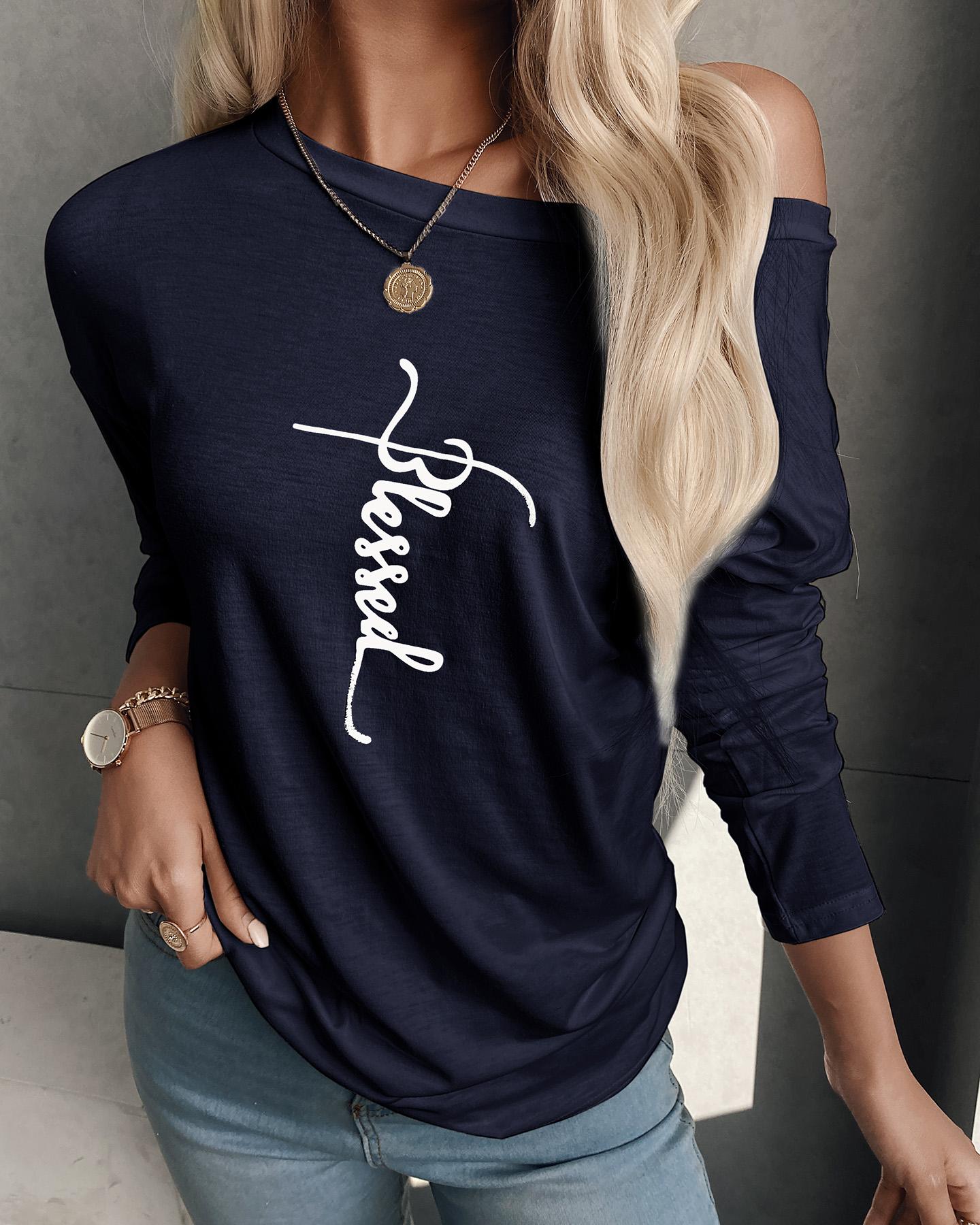 

Letter Print Long Sleeve Casual T-Shirt, Blue