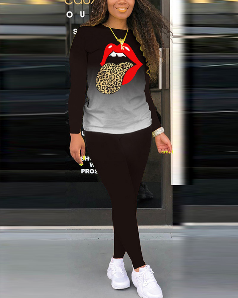 

Ombre Lip Print Long Sleeve Top & Pants Set, Black