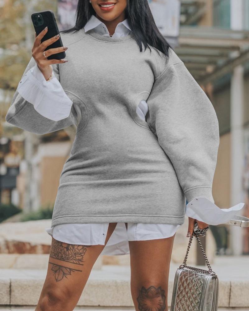 

Cutout Lantern Sleeve Sweatshirt Dress, Gray