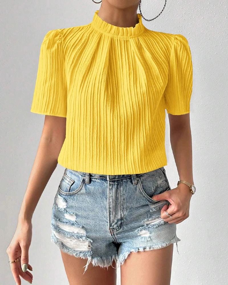 

Puff Sleeve Frill Hem Textured Top, Yellow