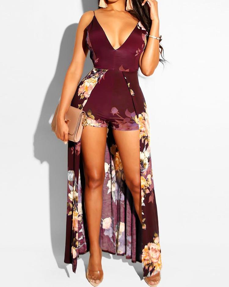 

Floral Print Plunge Dip Hem Romper, Wine red