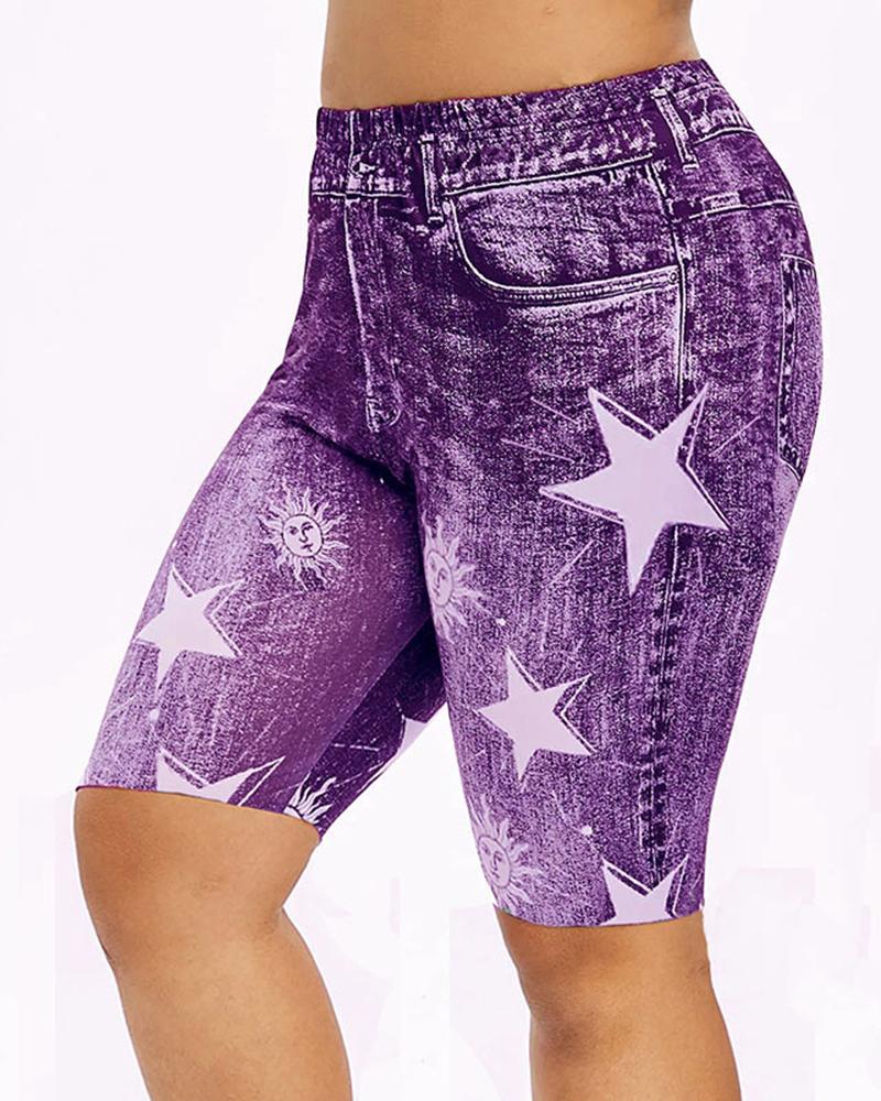 

Star Print High Waist Sports Leggings Yoga Shorts, Purple