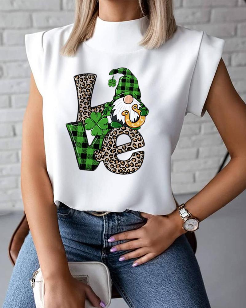 

Saint Patrick' Day Cartoon Print Sleeveless Tanks, White