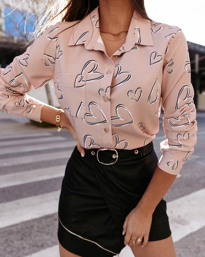 

Heart Print Pocket Design Long Sleeve Shirt, Pink