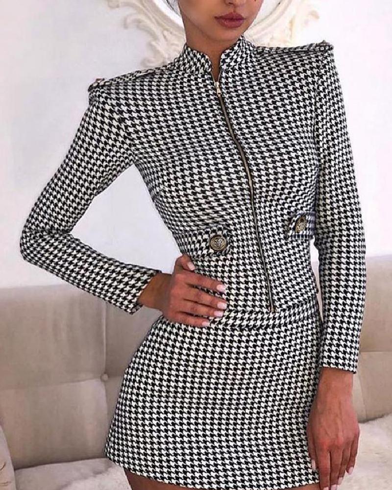 

Grid Longn Sleeve Skiny Suit Skirts Suit Sets, Black