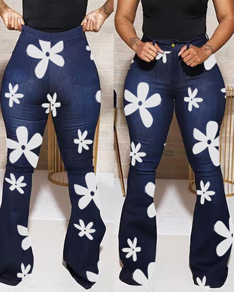 

Floral Print High Waist Flared Leg Jeans, Dark blue