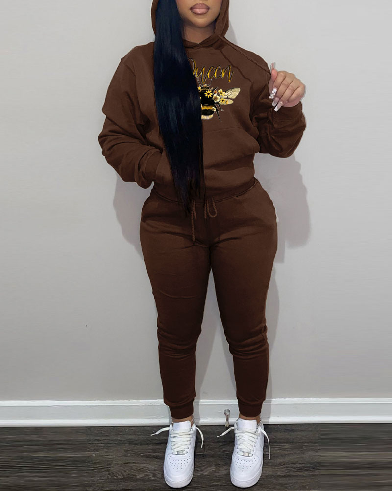 

Letter Bee Print Drawstring Hoodie & Sweatpants Set, Brown