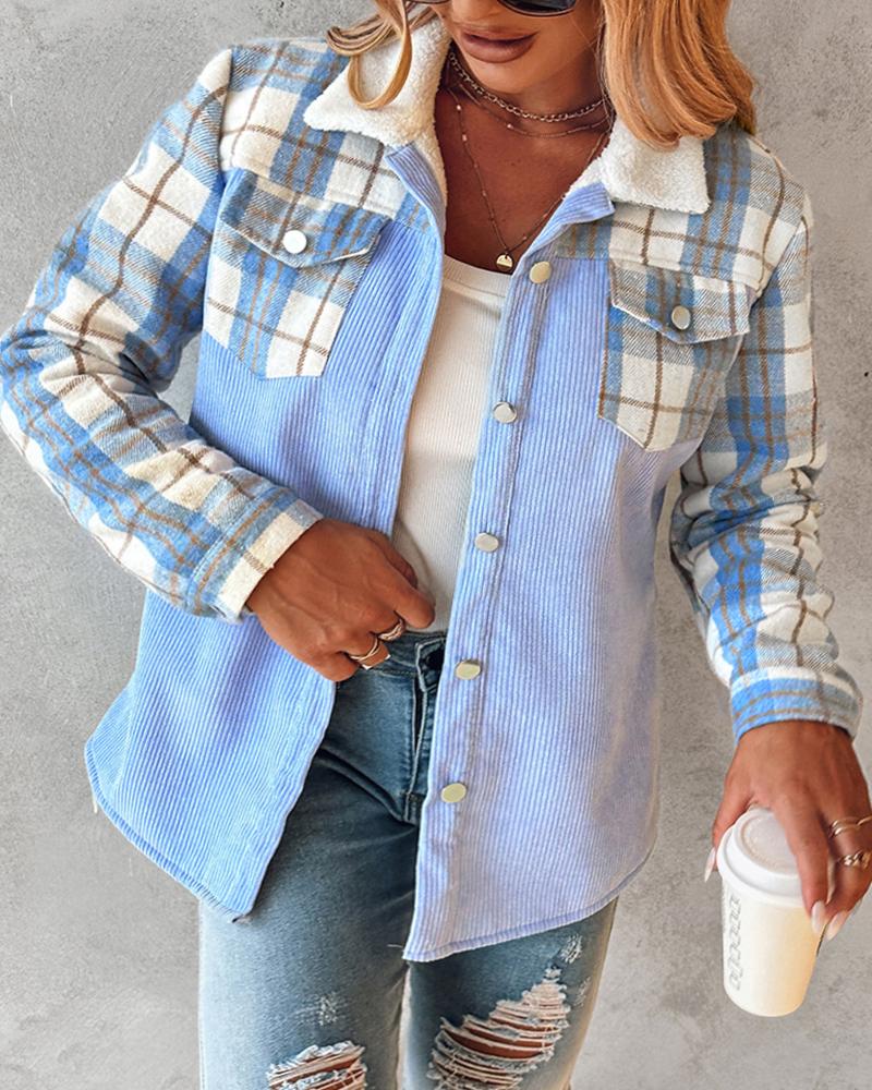 

Jaqueta plus size com estampa xadrez, emendas de pele sintética, gola virada para baixo, botões na frente, bolsos com aba, design casual, veludo cotelê, casaco quente, Blue