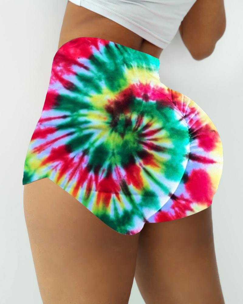 

High Waist Tie Dye Print Ruched Sporty Shorts, Multicolor
