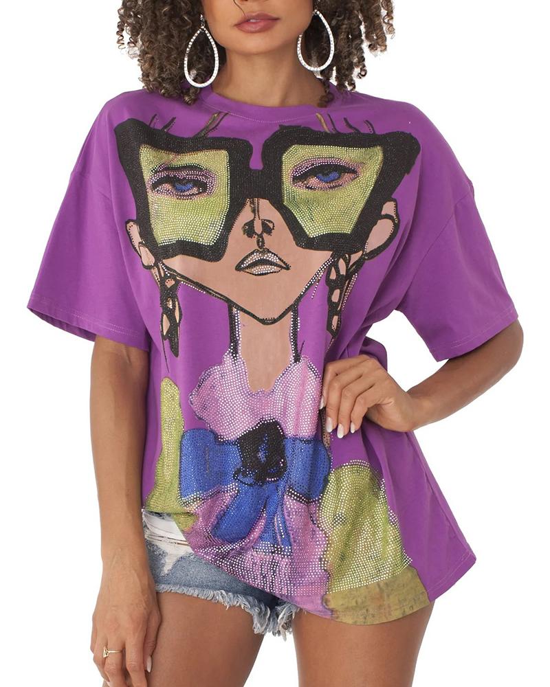 

Cartoon Figure Half Sleeve Casual T-shirt, Purple