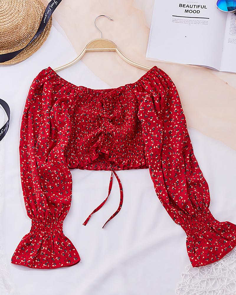 

Ditsy Floral Print Drawstring Bell Sleeve Crop Top, Red