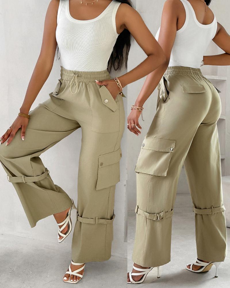 

Snap Button Buckled Drawstring Cargo Pants, Apricot