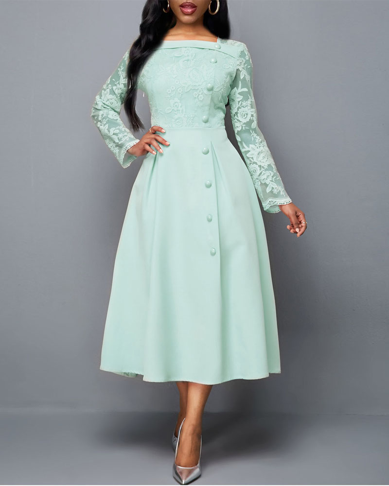 

Contrast Lace Long Sleeve Party Dress, Green