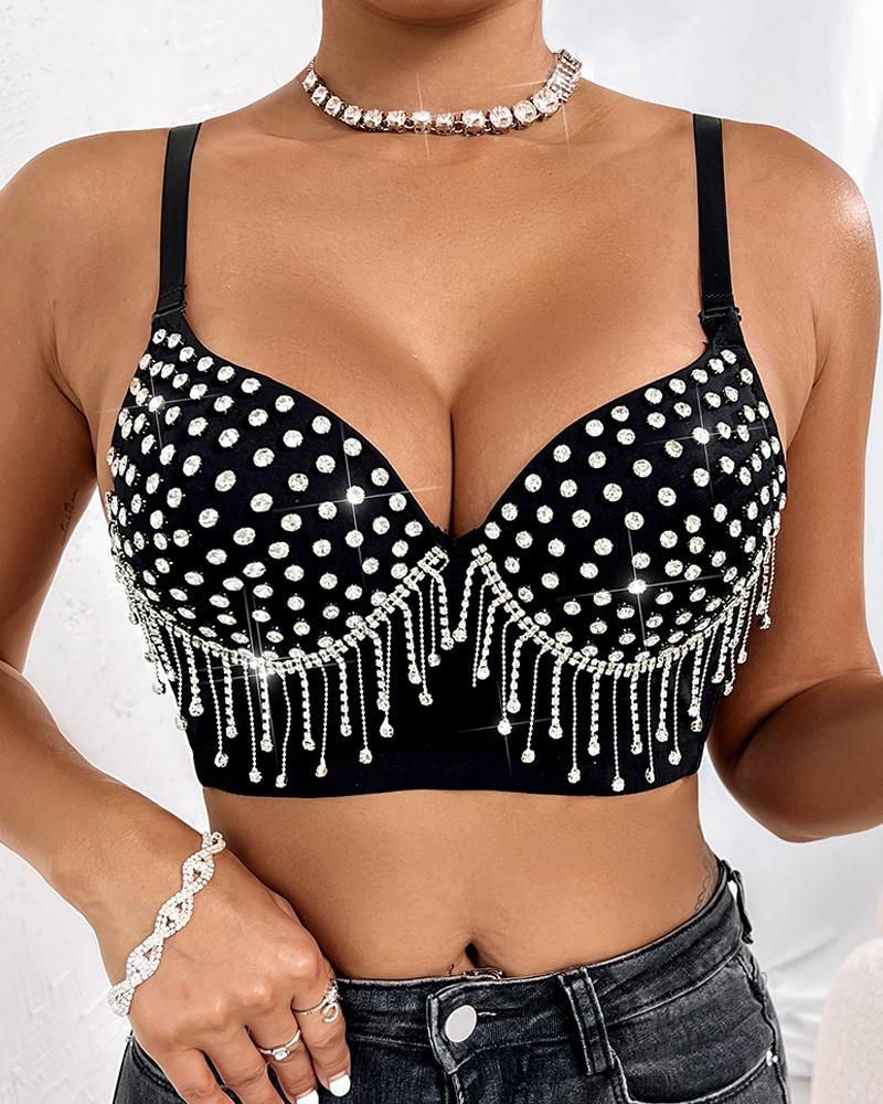 

Studded Rhinestone Tassel Design Crop Corset Top, Black