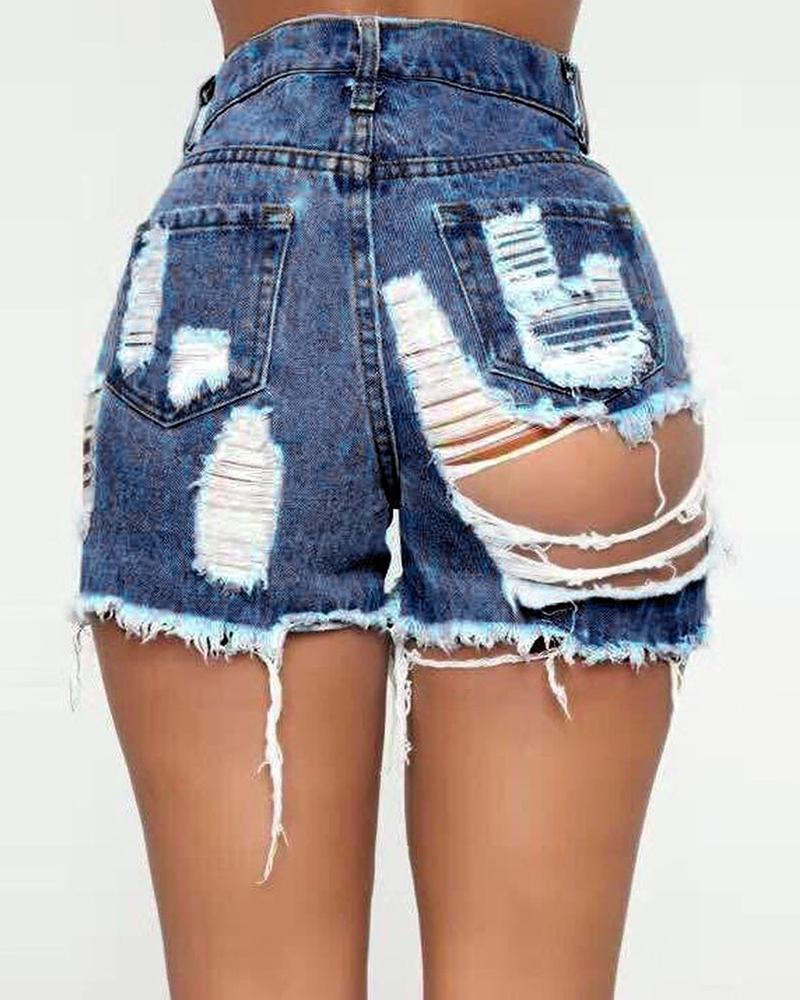 

Ripped Cutout High Waisted Fringe Hem Denim Shorts, Dark blue
