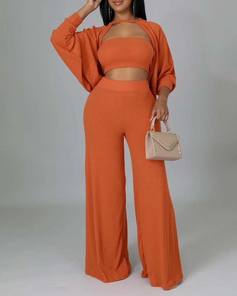 

Knit Bandeau Top & Wide Leg Pants Set With Coat, Orange