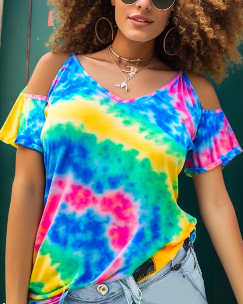 

Tie Dye Print Cold Shoulder Short Sleeve T-Shirt, Multicolor