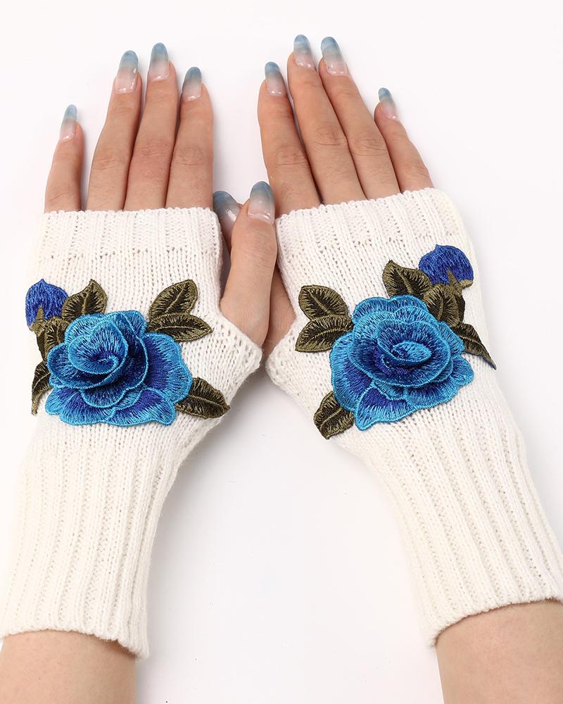 1Pair Floral Embroidery Fingerless Winter Knit Warm Gloves