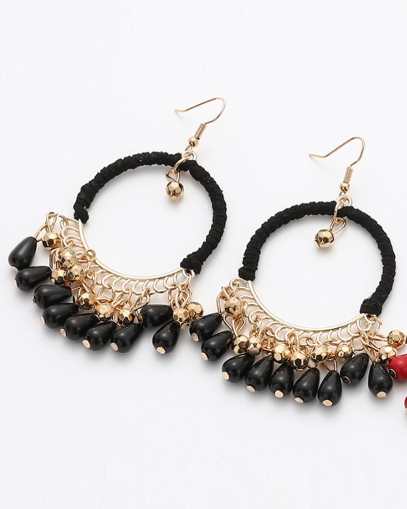 

1Pair Bohemian Braided Waterdrop Tassel Hoop Earrings, Black