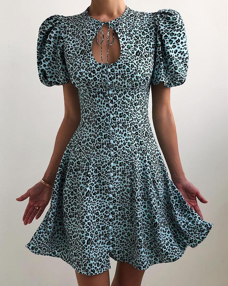

Cutout Button Front Puff Sleeve Cheetah Print Dress, Blue